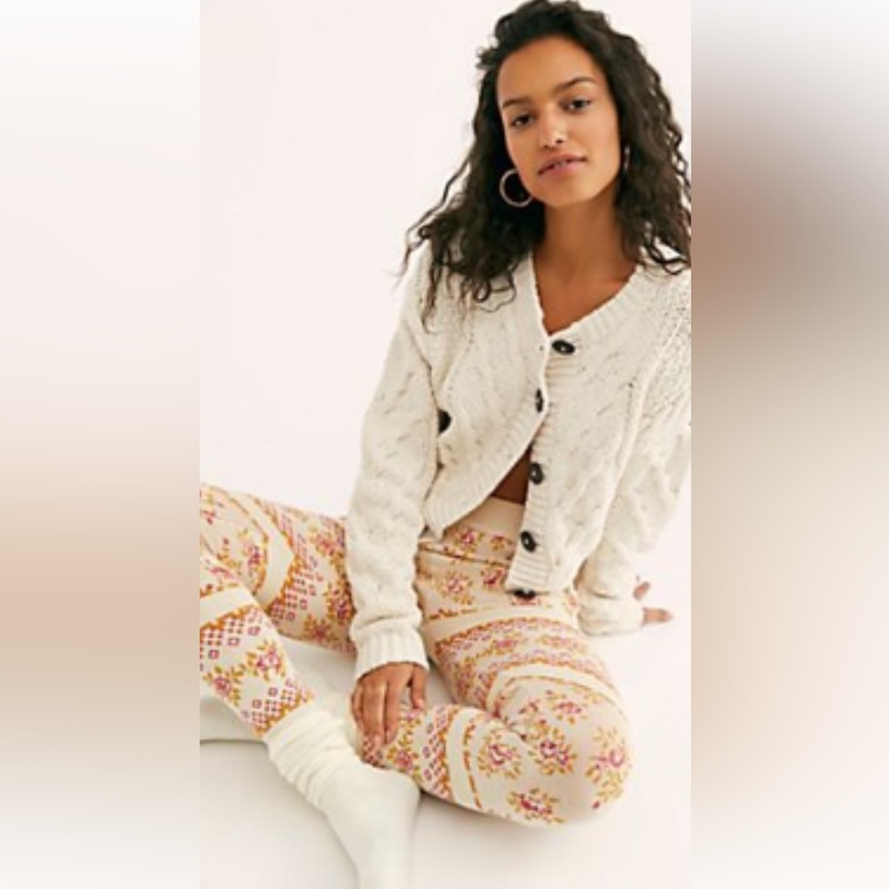Free People Cream and Pink Patterned Leggings